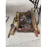 AN ASSORTMENT OF TOOLS TO INCLUDE A TAP AND DIE HANDLE, WELDING RODS AND OIL LAMP SPARE PARTS ETC