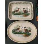 A PORTMERION CASSEROLE DISH DECORATED WITH WOOD DUCKS AND A PORTMERION SERVING PLATE DECORATED