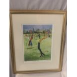 A GILT FRAMED LIMITED EDITION LIZ TAYLOR WEBB PICTURE 'A PUTT TO FAR' PENCIL SIGNED TO LOWER RIGHT