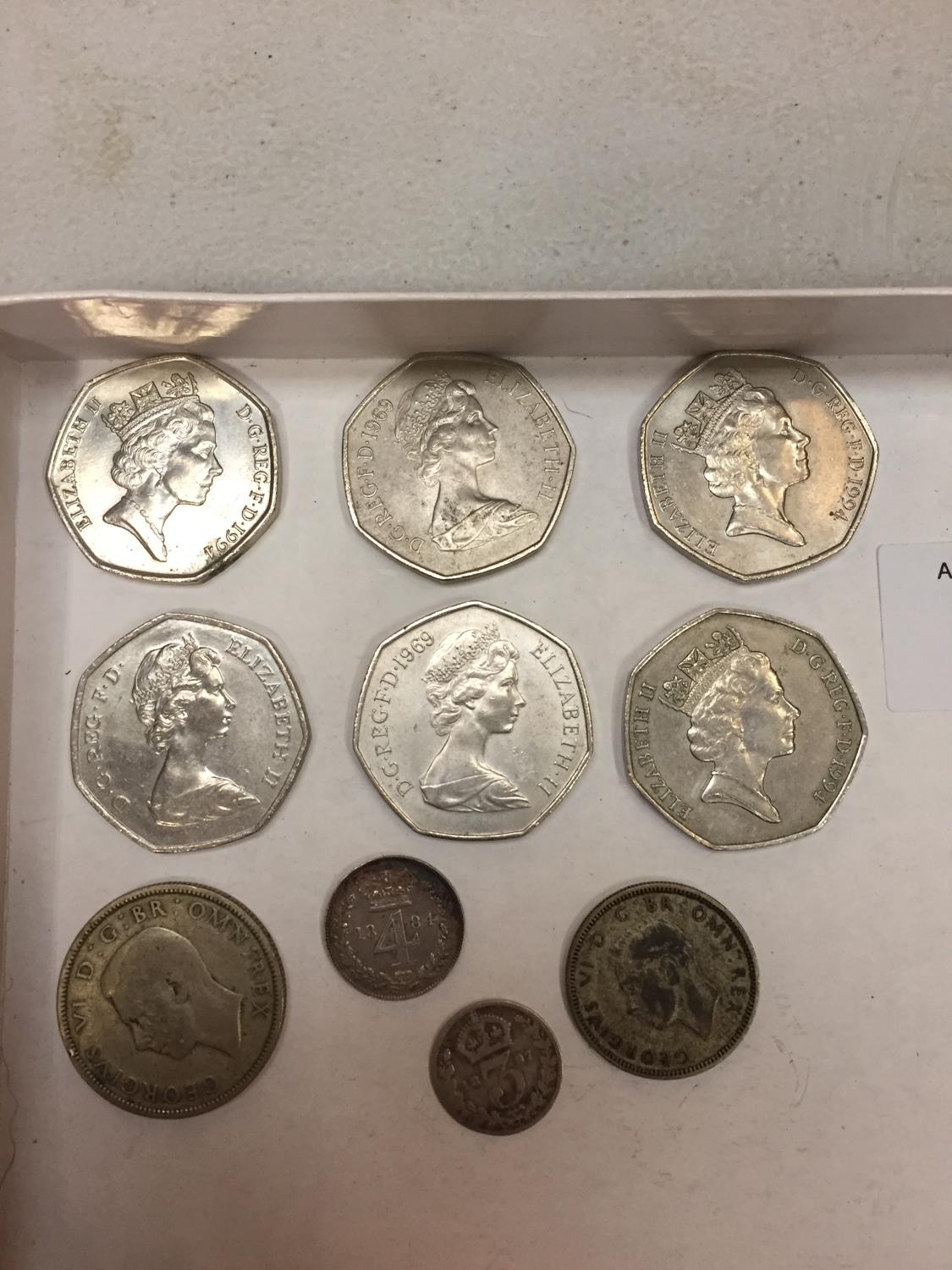 TEN VARIOUS COINS - SIX DECIMAL 50 P, 1884 MAUNDY 4 P, 1941 FLORIN, 1945 SHILLING AND 1897 3 d - Image 3 of 3