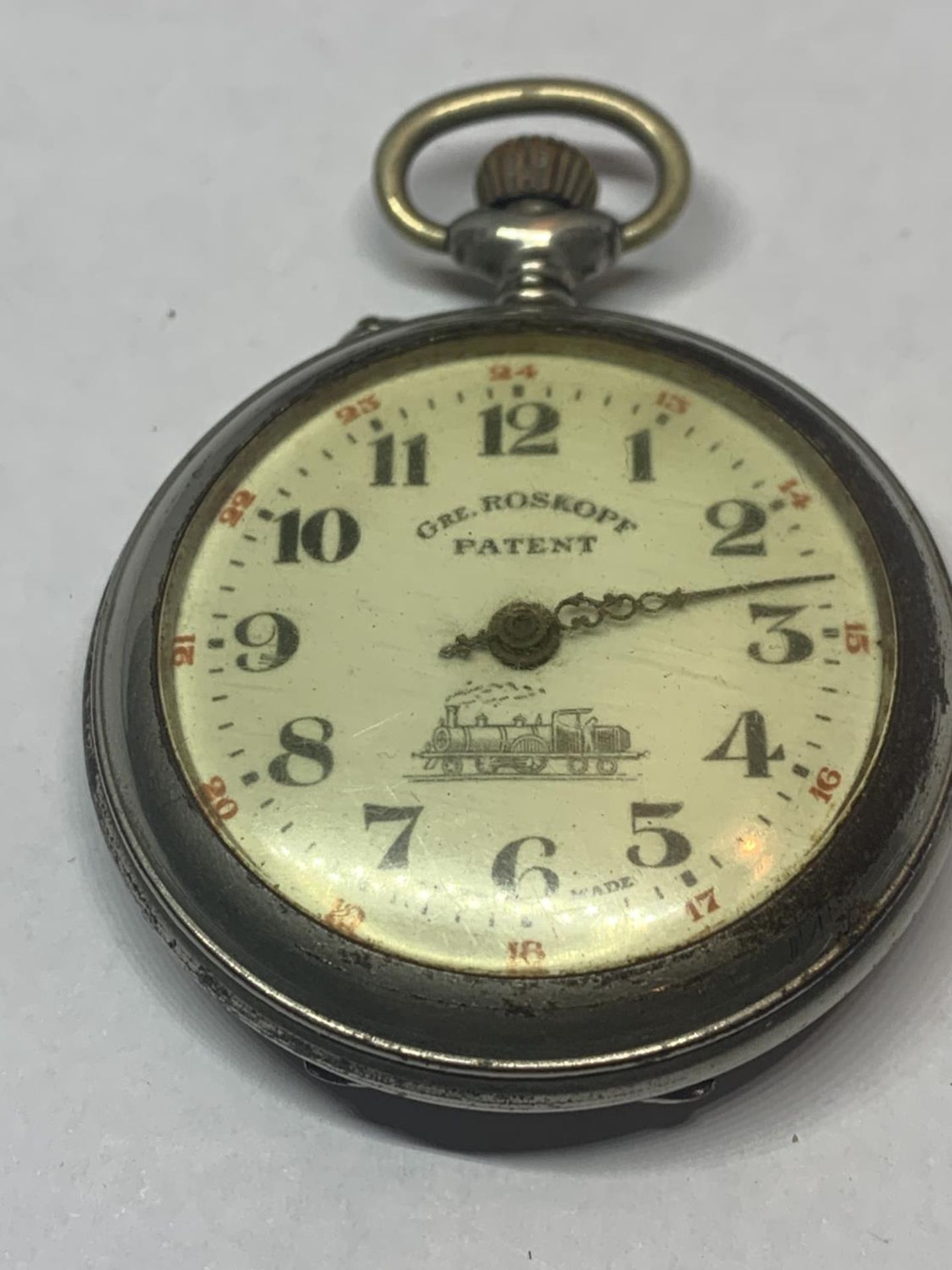A RAILWAY POCKET WATCH GRE ROSKOFF PATENT POCKET WATCH A/F