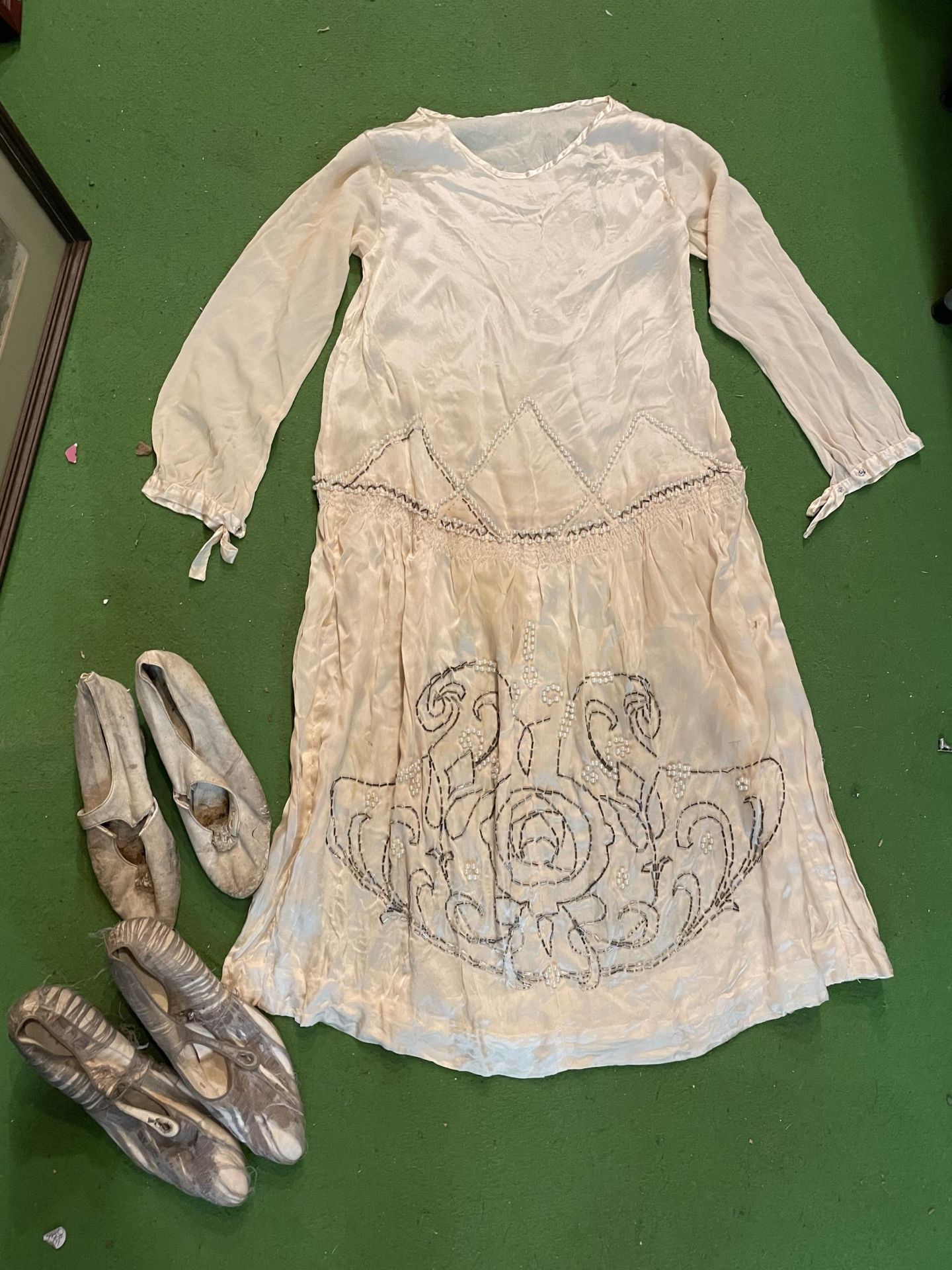 A 1920'S BEADED WEDDING DRESS WITH TWO PAIRS OF SHOES