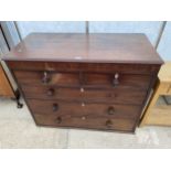 A 19TH CENTURY MAHOGANY CHEST OF TWO SHORT AND THREE LONG DRAWERS 48 INCHES WIDE (LACKING LEGS)