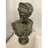 A LARGE BRONZE EFFECT STONE BUST OF DIANA HEIGHT 53CM