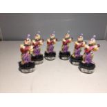 SIX TRINKET BOXES EACH WITH A GLASS CLOWN PLAYING GUITAR FIGURE