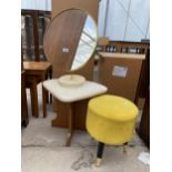 A SCHREIBER TABLE TOP VANITY MIRROR, A 1970s TRIANGULAR STOOL AND A CIRCULAR STOOL ON BLACK SUPPORTS