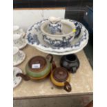 TWO LARGE BLUE AND WHITE CERAMIC WASH BOWLS, A BED PAN AND TEAPOTS ETC