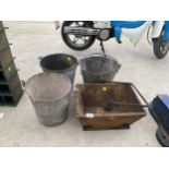 THREE VINTAGE GALVANISED BUCKETS AND A VINTAGE WOODEN BOX WITH HANDLE