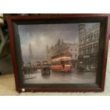 A FRAMED PAINTING OF A CITY SCENE WITH TRAMS IN THE FOREGROUND