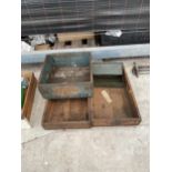 THREE VINTAGE WOODEN STORAGE BOXES AND A FURTHER STORAGE TIN