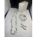 A PEARL BRACELET WITH A SILVER CLASP MARKED 925, MATCHING EARRINGS AND A FURTHER NECKLACE IN A BOX