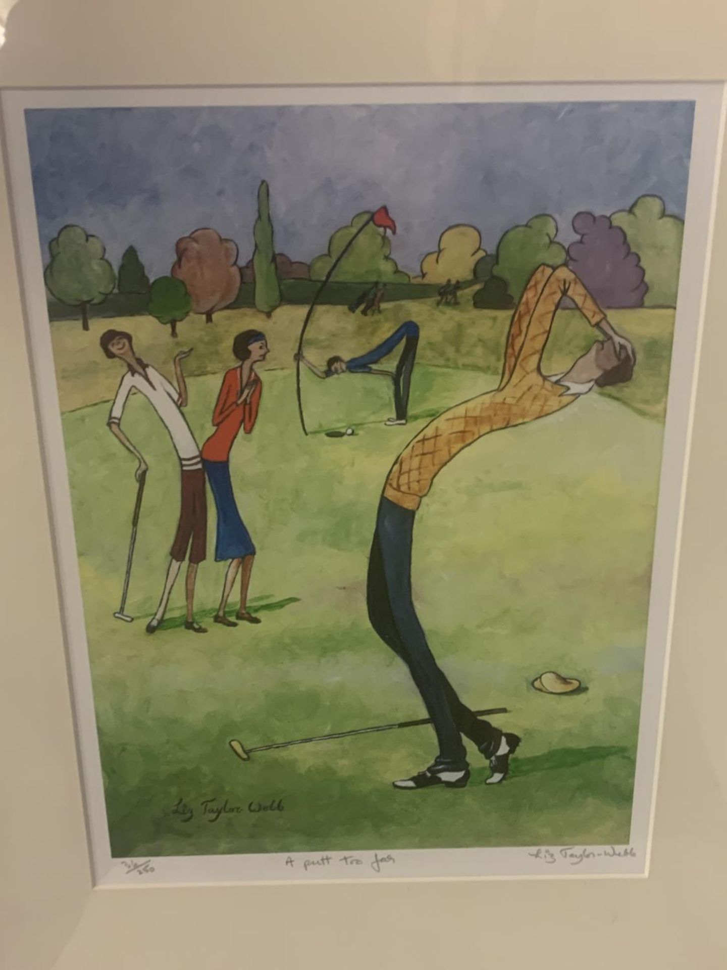 A GILT FRAMED LIMITED EDITION LIZ TAYLOR WEBB PICTURE 'A PUTT TO FAR' PENCIL SIGNED TO LOWER RIGHT - Image 2 of 3