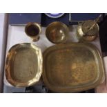 A QUANTITY OF BRASSWARE POSSIBLY ASIAN, TO INCLUDE A TRAY, BOWLS TEAPOT, ETC