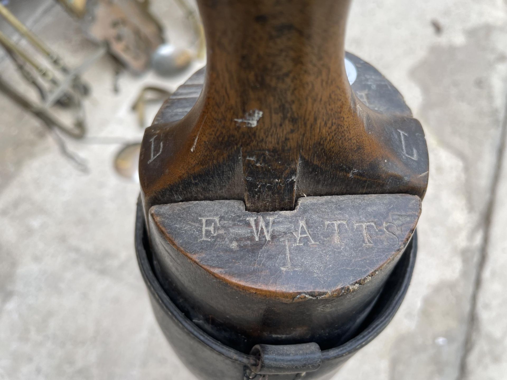 A PAIR OF LEATHER RIDING BOOTS WITH FOUR SECTION WOODEN STRETCHERS STAMPED 'F. WATTS' - Image 3 of 8