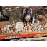 A QUANTITY OF CERAMICS TO INCLUDE MINIATURE CUPS, CRESTWARE, A LARGE VASE FIGURES ETC