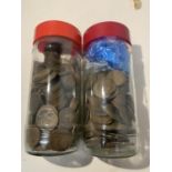 A LARGE QUANTITY OF PRE-DECIMAL PENNIES, HALFPENNIES AND SOME FARTHINGS IN TWO JARS