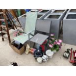 AN ASSORTMENT OF ITEMS TO INCLUDE TWO FOLDING GARDEN CHAIRS, A CAR POLISHER AND PORT MERRION