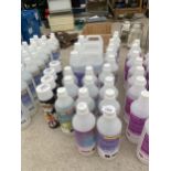 A GROUP OF 11 BOTTLES OF SNOW FLUID, 6 BOTTLES OF BUBBLE FLUID, 4 CANS OF SMOKE SPRAY AND 3 5L DRUMS