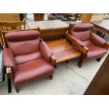 A PAIR OF RETRO RED LEATHER EASY CHAIRS BY POST & RAIL (AUSTRALIA) WITH PINE FRAMES AND MATCHING