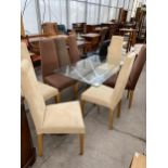 A GLASS TOP DINING TABLE ON CHROME SUPPORTS WITH EIGHT MODERN DINING CHAIRS (FOUR BROWN, FOUR CREAM)