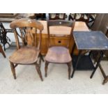 TWO VICTORIAN ELM AND BEECH KITCHEN CHAIRS AND A BAMBOO OCCASIONAL TABLE