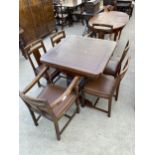 AN EARLY 20TH CENTURY OAK DRAW LEAF TABLE - 36" SQUARE WITH FOUR DINING CHAIRS AND TWO CARVERS