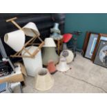 AN ASSORTMENT OF ITEMS TO INCLUDE A STOOL BASE, A LUANDRY BASKET AND LAMP SHADES ETC