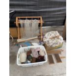 AN ASSORTMENMT OF KNITTING ITEMS TO INCLUDE WOOL AND YARN, A WEAVING LOOM AND A SHUTTLE ETC