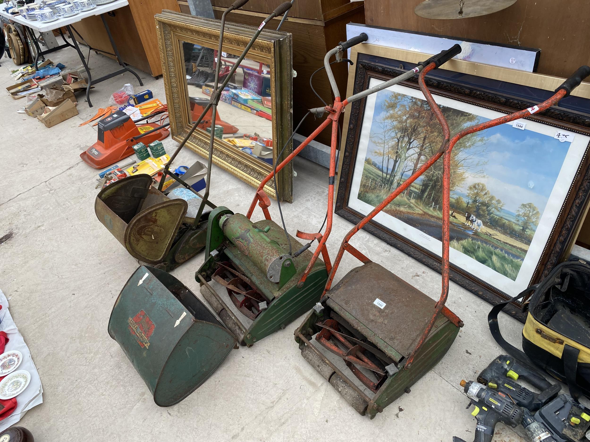 THREE VINTAGE LAWN MOWERS TO INCLUDE A QUALCAST ETC