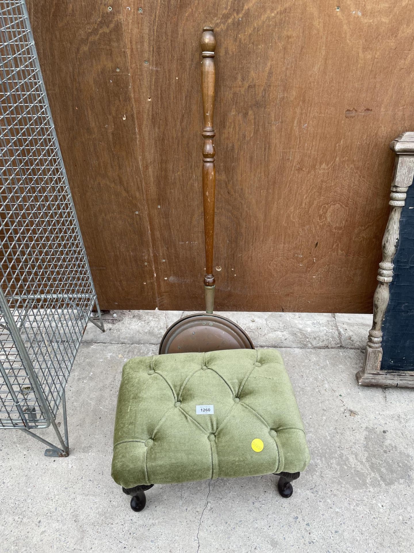 AN UPHOLSTERED STOOL AND A FURTHER COPPER BED WARMING PAN