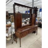 A GEORGE III OAK AND MAHOGANY CROSSBANDED DRESSER WITH SHELL INLAY TO THREE DRAWERS AND PLATE RACK