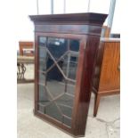 A 19TH CENTURY MAHOGANY AND INLAID ASTRAGAL GLAZED CORNER CUPBOARD WITH SHAPED INTERNAL SHELVES
