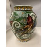 A VERY LARGE VASE WITH PAINTED BIRD DECORATION MARKED D130 ITALY TO BASE APRROXIMATELY 38CM TALL