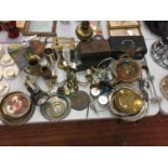 A LARGE QUANTITY OF BRASSWARE, SILVER PLATE ETC TO INCLUDE CASH TINS, JUGS, CANDLESTICKS, PLATES,