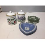 TWO PIECES OF WEDGEWOOD JASPERWARE AND TWO ROYAL WORCESTER HERBS AND SPICES POTS