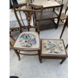 AN EDWARDIAN INLAID MAHOGANY BEDROOM CHAIR WITH TAPESTRY SEAT AND AN OAK SEWING BOX WITH TAPESTRY