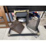 AN ASSORTMENT OF ITEMS TO INCLUDE A COAL BOX WITH LINER, FIRE TONGS AND A FIRE FENDER ETC