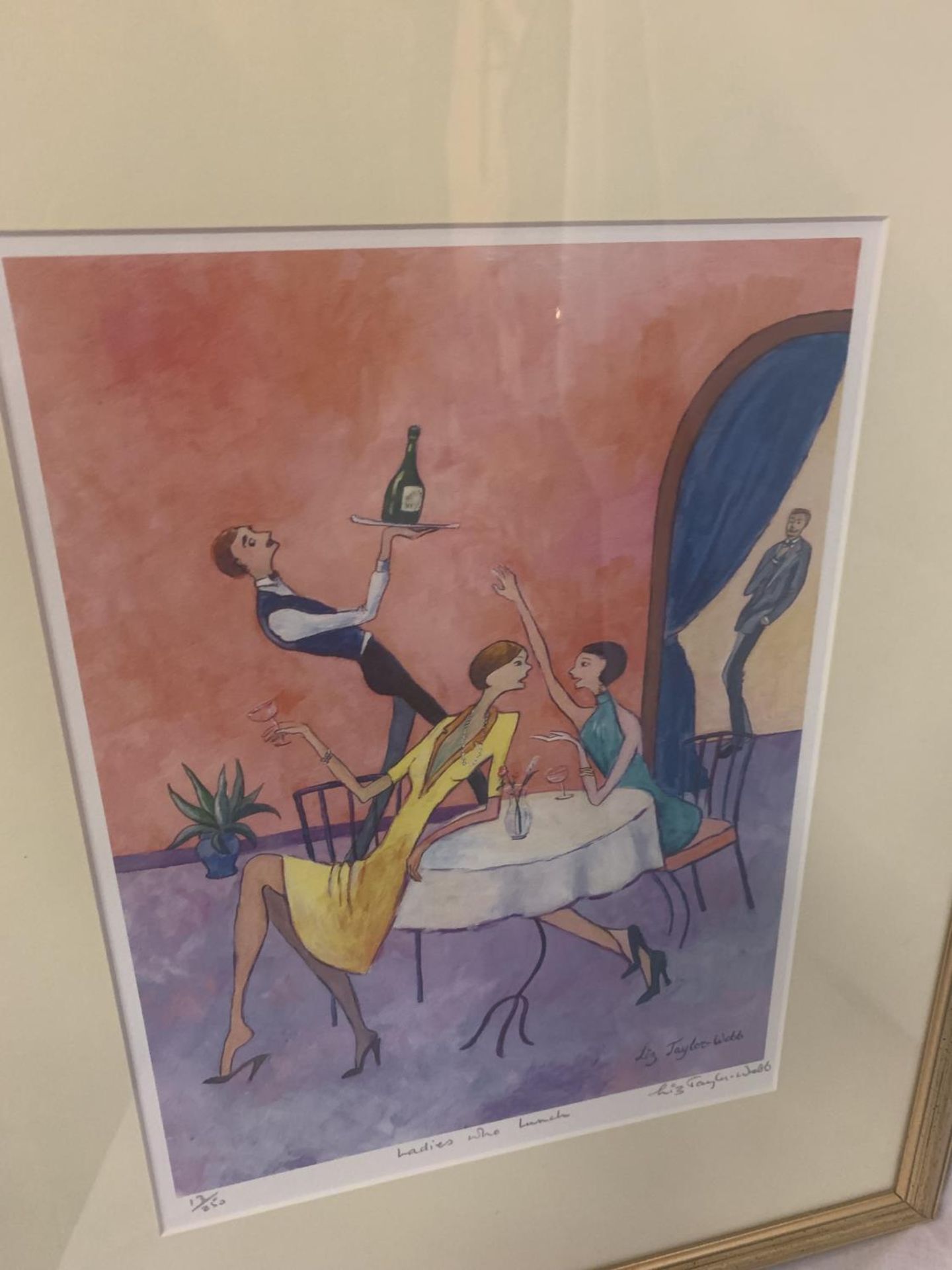 A GILT FRAMED LIMITED EDITION LIZ TAYLOR WEBB PICTURE 'LADIES WHO LUNCH' PENCIL SIGNED TO LOWER - Image 3 of 3