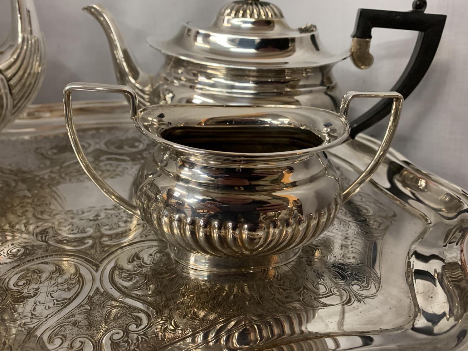 A SILVER PLATED TEAPOT, COFFEE POT, MILK JUG AND SUGAR BOWL ON A TRAY - Image 6 of 6