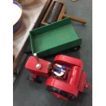 A WOODEN MODEL OF A FARM TRACTOR TOGETHER WITH ATTACHABLE TRAILER AND FIELD ROLLER