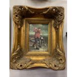 A PAINTING OF A GOLFER SIGNED J BROWN IN A HEAVY GILT FRAME