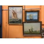 THREE LARGE FRAMED PICTURES OF SHIPS TO INCLUDE TWO SIGNED OIL PAINTINGS