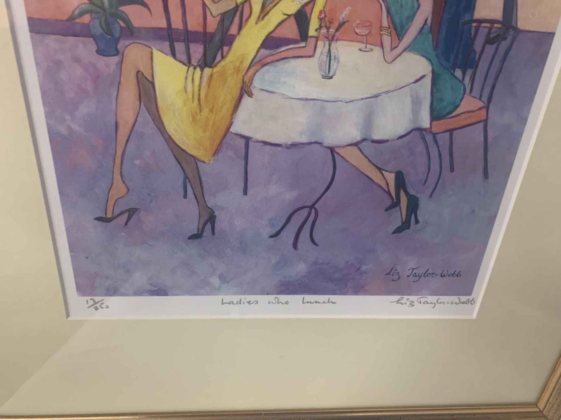 A GILT FRAMED LIMITED EDITION LIZ TAYLOR WEBB PICTURE 'LADIES WHO LUNCH' PENCIL SIGNED TO LOWER - Image 2 of 3