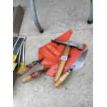 THREE VARIOUS SIZED BRICK TROWELS AND A HAMMER