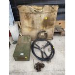 AN ASSORTMENT OF VINTAGE ITEMS TO INCLUDE TWO STEERING WHEELS, A VINTAGE ZENITH CARBURETOR A STORAGE