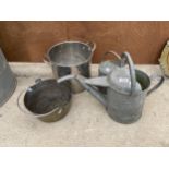 TWO GALVANISED WATERING CANS, A STAINLESS STEEL PAN AND A FURTHER BRASS JAM PAN