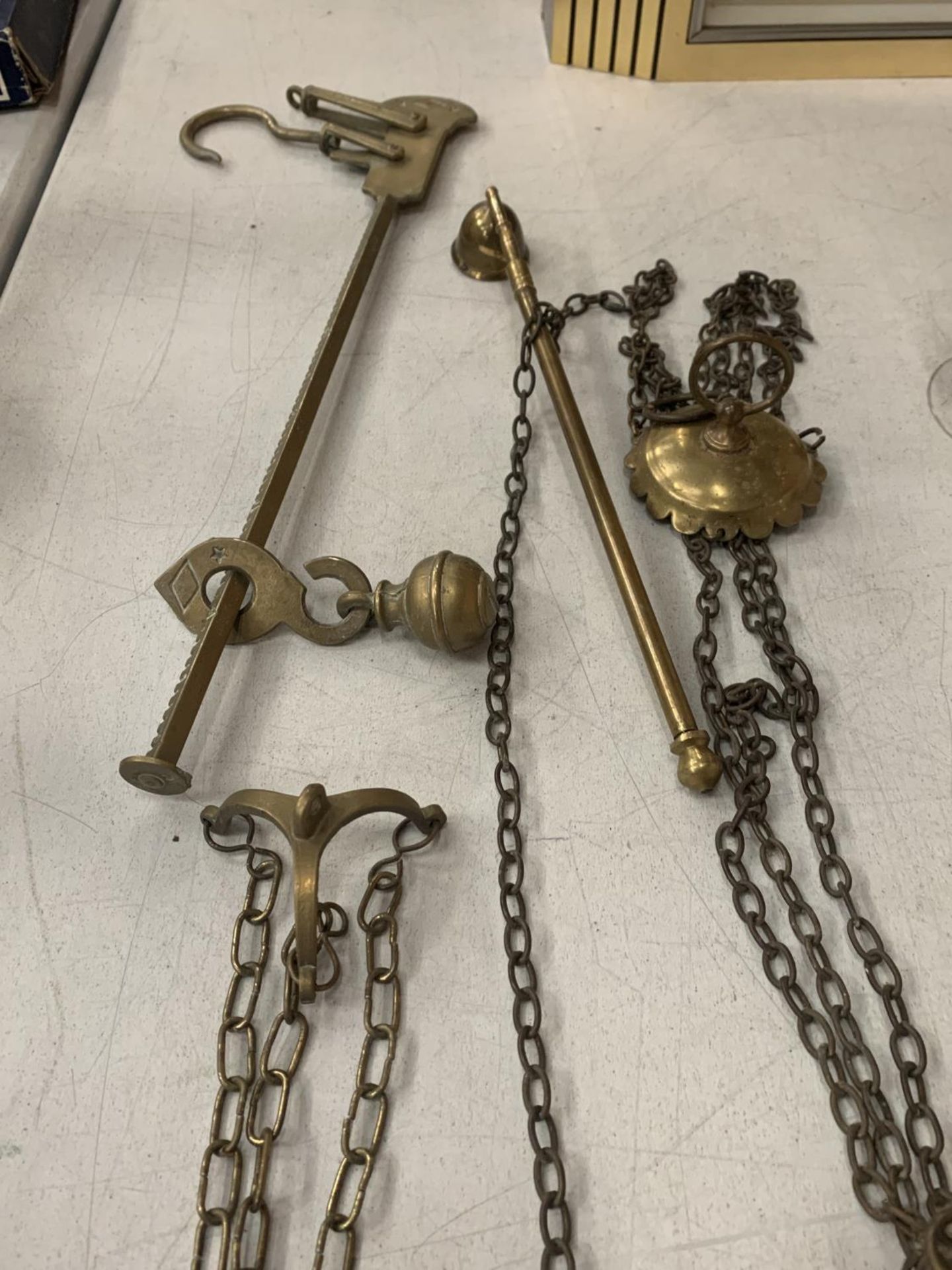 A BRASS INCENSE BURNER, CANDLE SNUFFER WEIGHING SCALES ETC - Image 3 of 3