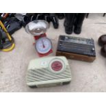 A VINTAGE SELENA RADIO, A RETRO BUSH RADIO AND A SET OF KITCHEN SCALES