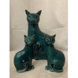 THREE TURQUOISE POOLE POTTERY CATS TO INCLUDE ONE LARGE AND TWO SMALLER