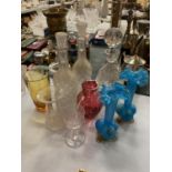A VARIETY OF GLASSWARE TO INCLUDE A PAIR OF VICTORIAN TURQUOISE BLUE RUFFLED NECK VASES, CRANBURY